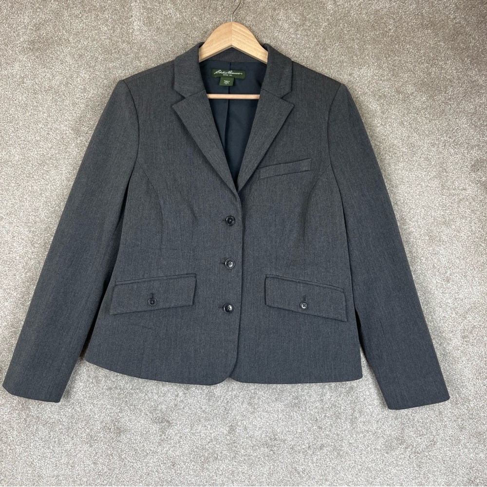 Eddie Bauer Jacket Womens 12 Petite Gray Polyester Blend Button Blazer- 4077